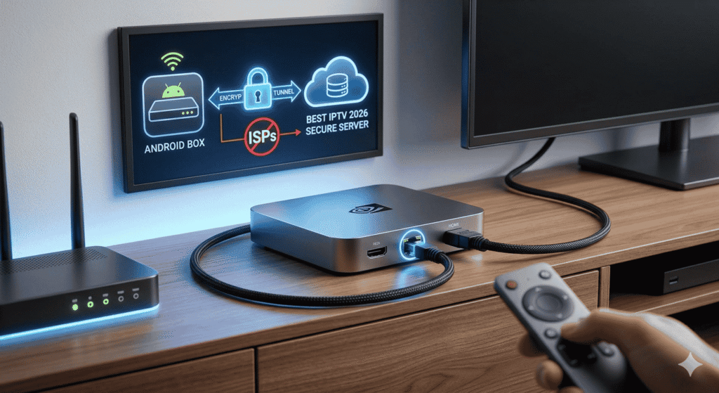 Configuration boîtier IPTV avec câble Ethernet et VPN.