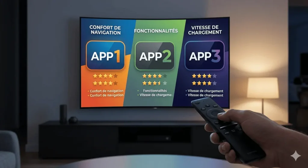 meilleure application IPTV Un écran TV affichant un comparatif graphique et lisible de trois interfaces d'applications IPTV.