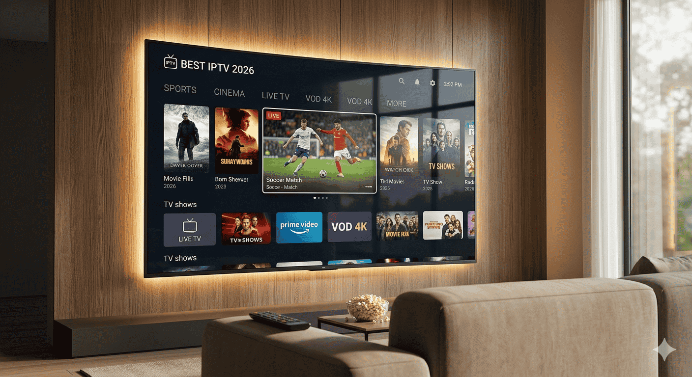 Meilleur IPTV 2026 Interface utilisateur fluide IPTV 2026 sur écran 4K.