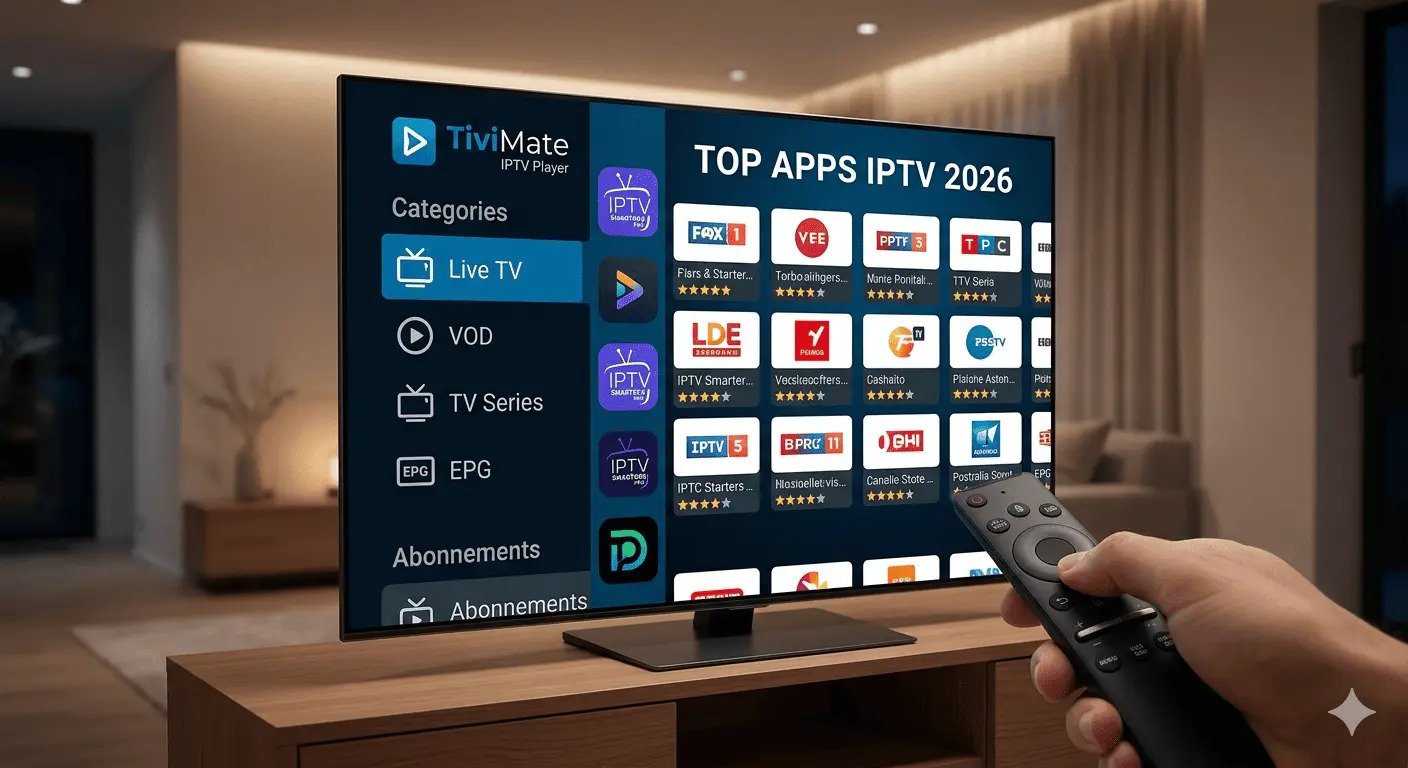 L'interface de TiviMate IPTV Player sur Smart TV, mettant en avant les catégories de contenu.